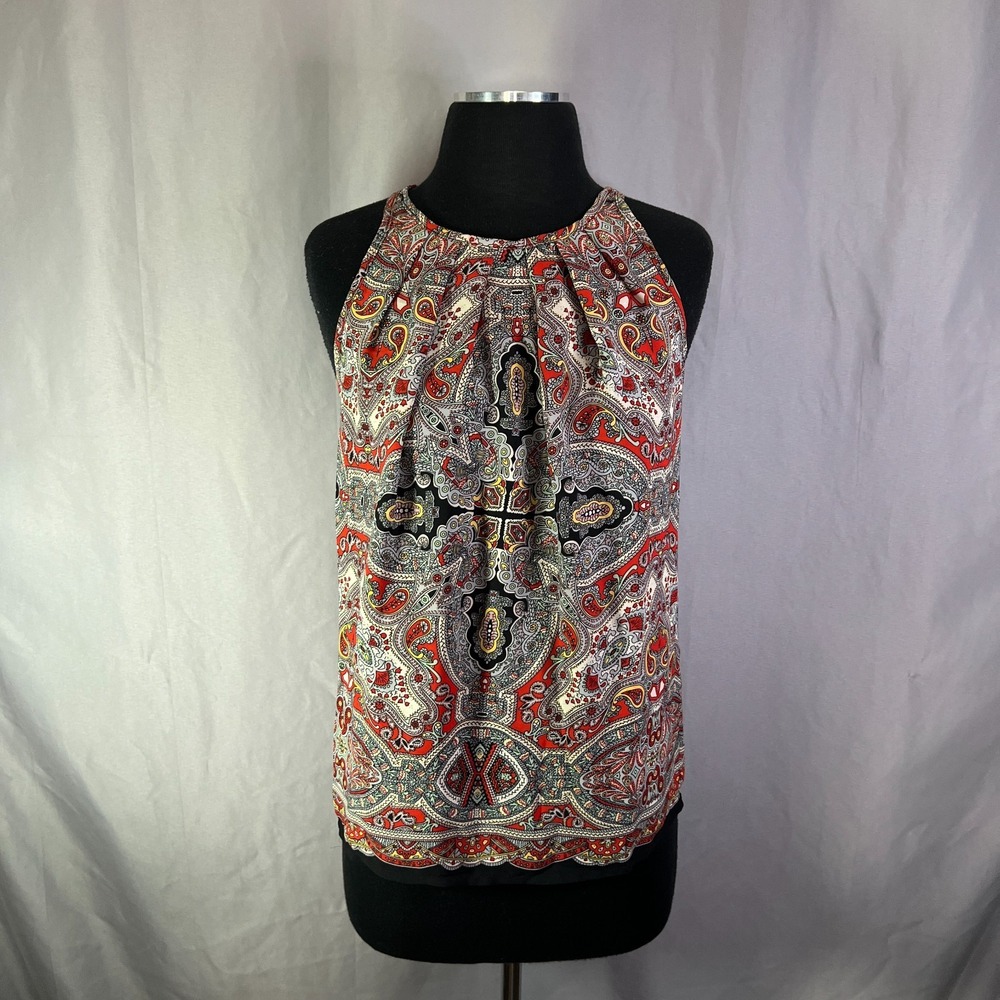 Cynthia Rowley Tank Top Womens XS Multicolor Paisley Pleated Back Zip Round Neck